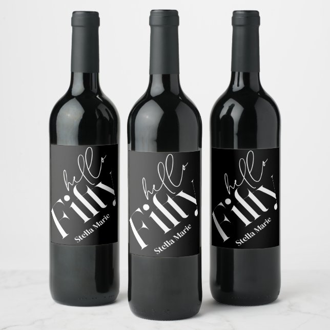 Hello fifty modern minimal elegant 50th birthday wine label (Bottles)