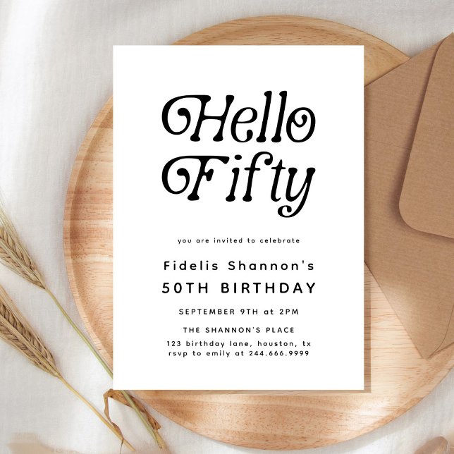 Hello Fifty Modern Retro 50th Birthday  Invitation (Creator Uploaded)