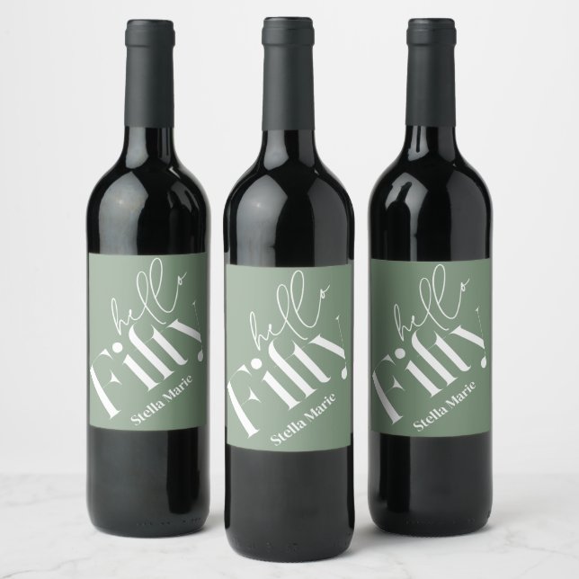 Hello fifty modern simple sage green 50th birthday wine label (Bottles)