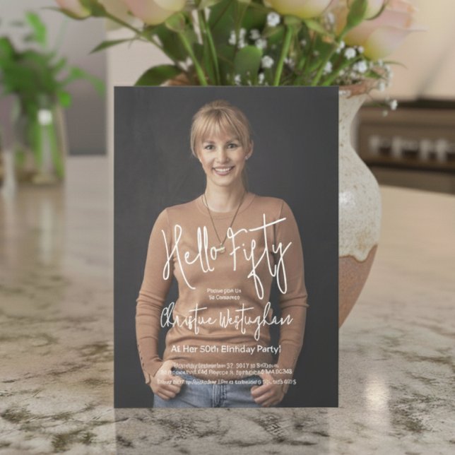 Hello Fifty Photo 50th Fiftieth Birthday Invitation (Creator Uploaded)