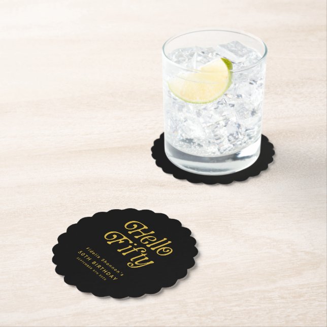 Hello Fifty Retro 50th Birthday Party Paper Coaster (Insitu)