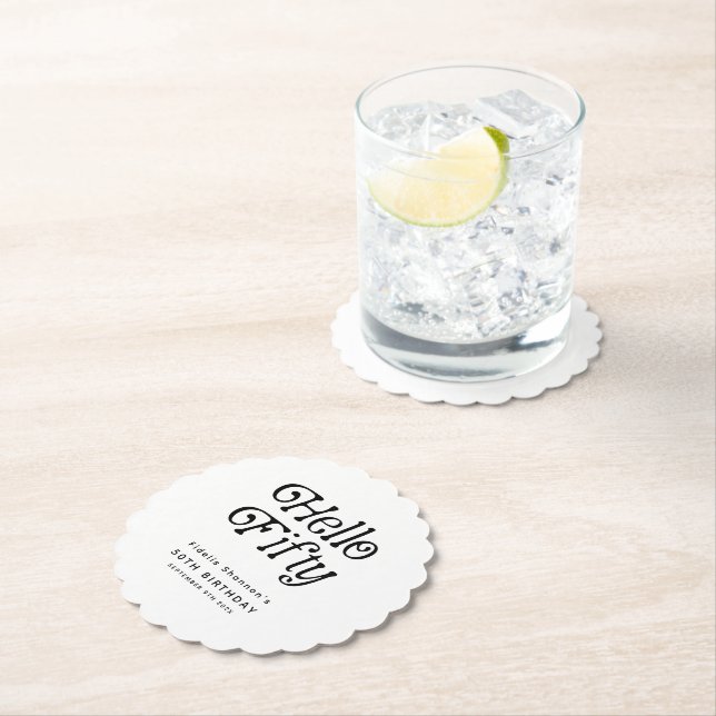 Hello Fifty Retro 50th Birthday Party Paper Coaster (Insitu)
