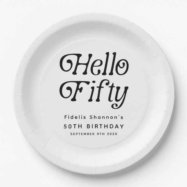 Hello Fifty Retro 50th Birthday Party Paper Plate (Front)