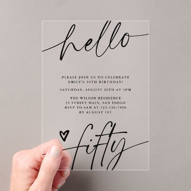 Hello Fifty, Typography Script 50th Birthday Party Acrylic Invitations (Insitu (Handheld))