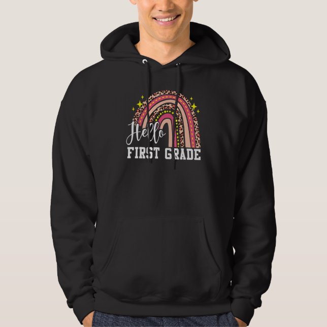 Hello First Grade 1st Grade Rainbow Leopard Back T Hoodie (Front)