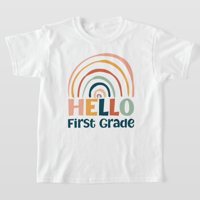 Hello First Grade boho rainbow school colourful T-Shirt (Laydown)