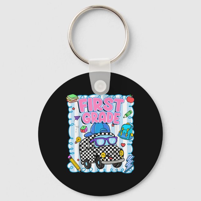 Hello First Grade Bus School Teacher Student Back  Keychain (Front)
