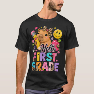 Hello First Grade Capybara Leopard Bow Back To T-Shirt