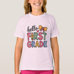 Hello First Grade Coquette Bow Teacher T-Shirt