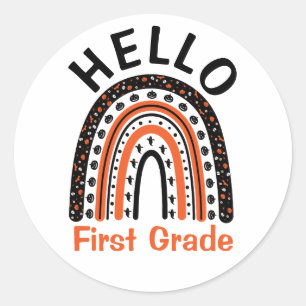 Hello First Grade Halloween teacher boho rainbow Classic Round Sticker