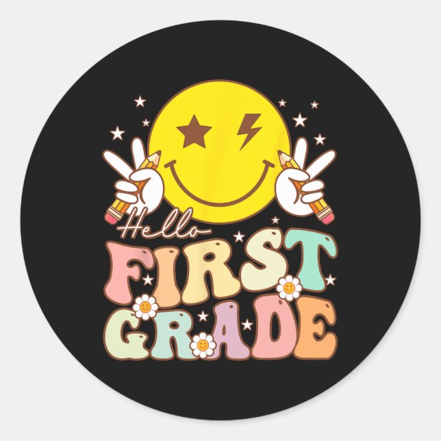Hello First Grade Hippie Smile Face 1st Grade Back Classic Round Sticker (Front)