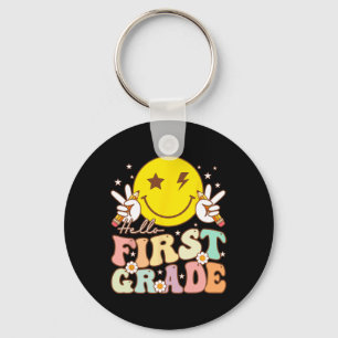 Hello First Grade Hippie Smile Face 1st Grade Back Keychain