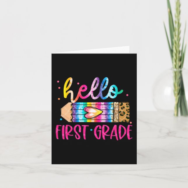 Hello First Grade Leopard Tie Dye Pencil  Cute Tea Card (Front)