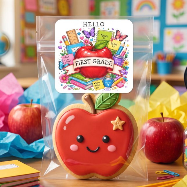 Hello First Grade Retro Apple Square Sticker (Creator Uploaded)