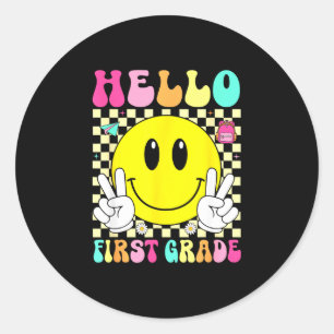 Hello first grade retro smile face back to school classic round sticker