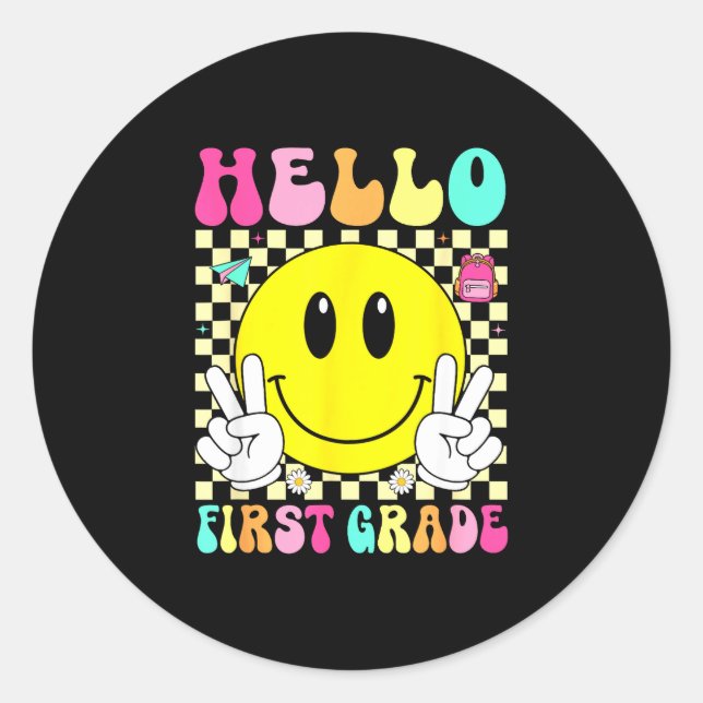 Hello first grade retro smile face back to school classic round sticker (Front)