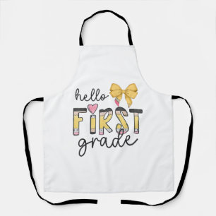 Hello First Grade Teacher Coquette Pencil Bow Back Apron