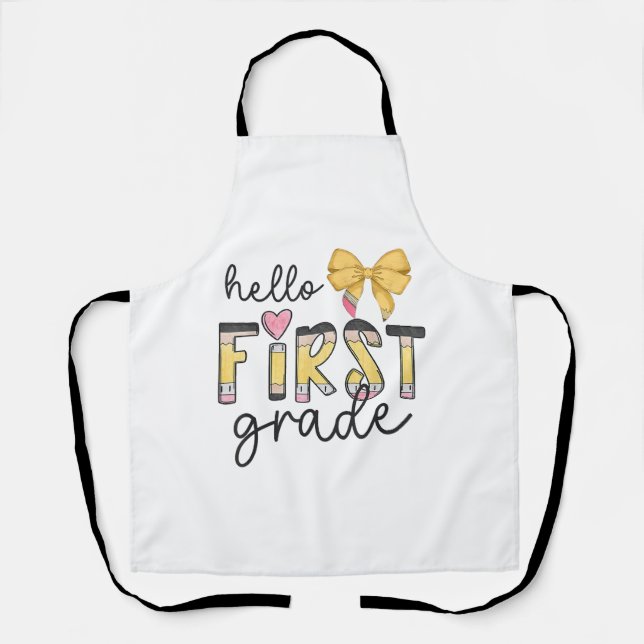 Hello First Grade Teacher Coquette Pencil Bow Back Apron (Front)