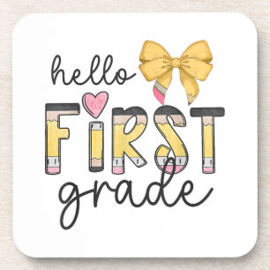 Hello First Grade Teacher Coquette Pencil Bow Back Coaster