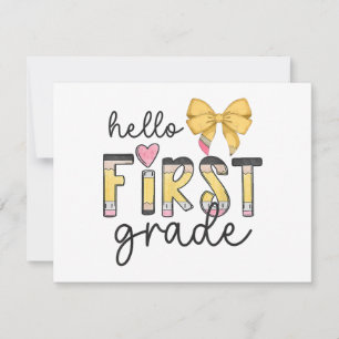 Hello First Grade Teacher Coquette Pencil Bow Back Invitation