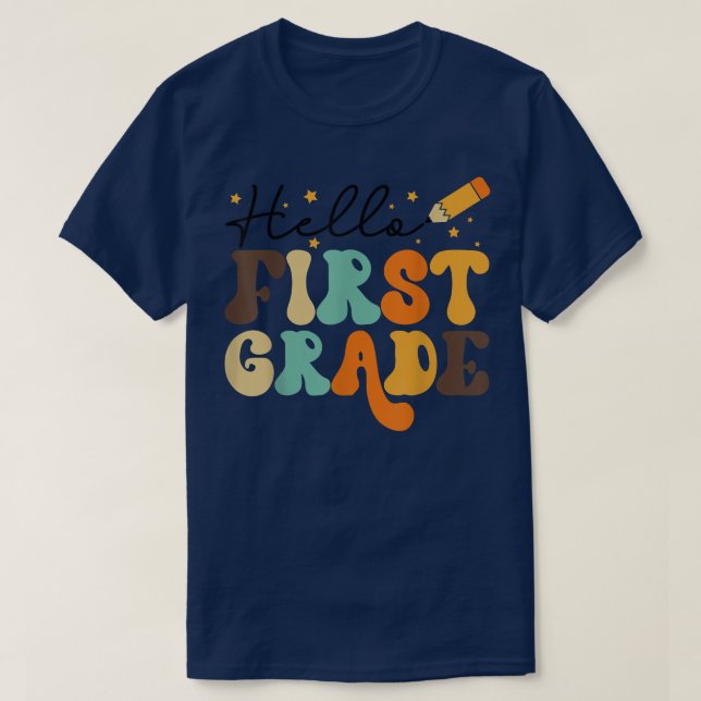 HELLO FIRST GRADE, TEACHER, KIDS BACK TO SCHOOL RE T-Shirt (Design Front)