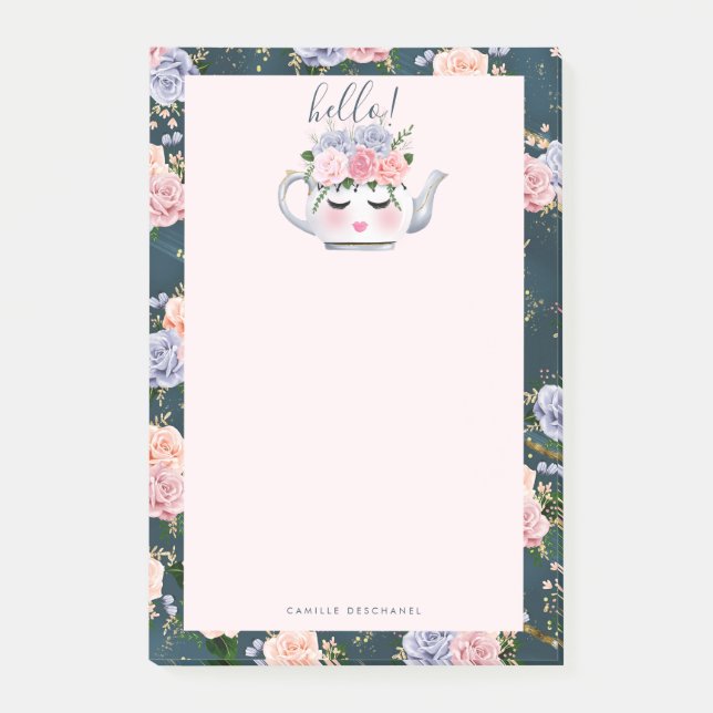 Hello Floral Eyelashes Teapot Pattern Personalized Post-it Notes (Front)