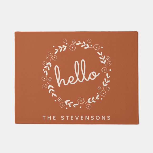 Hello Floral Wreath Rustic Terracotta Personalized Doormat (Front)