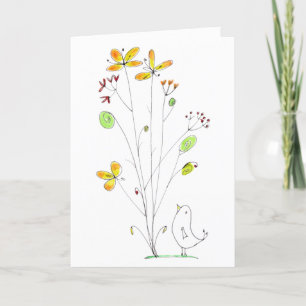 Hello Flowers and Bird Watercolor and Ink Card