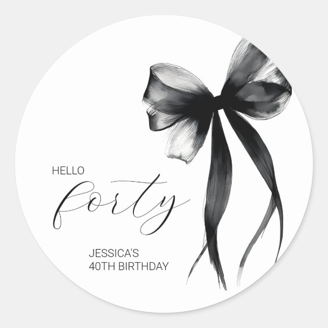 Hello Forty Elegant Script Bow 40th Birthday Party Classic Round Sticker (Front)