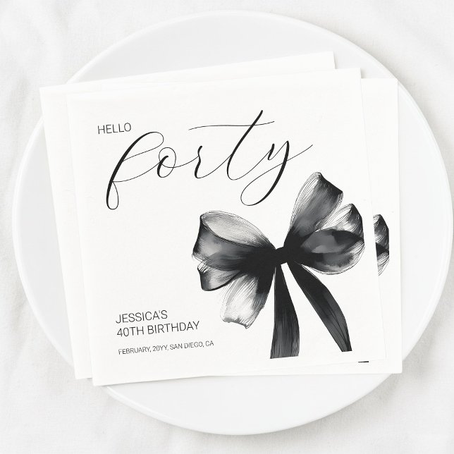 Hello Forty Elegant Script Bow 40th Birthday Party Napkin (Hello Forty Elegant Script Bow 40th Birthday Party Napkins)