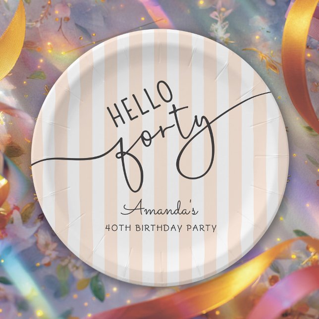 Hello Forty Modern Script Chic 40th Birthday Party Paper Plate (Creator Uploaded)