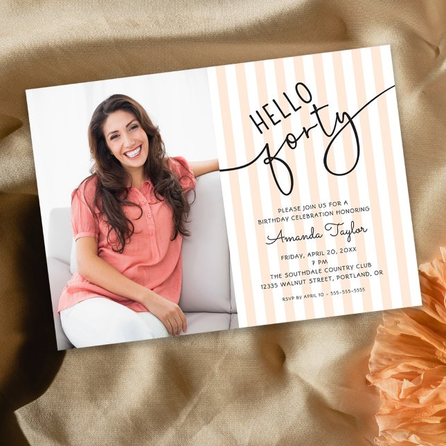 Hello Forty Modern Script Photo 40th Birthday Invitation (Creator Uploaded)