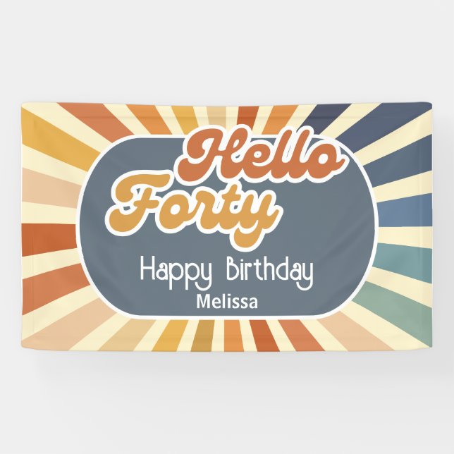 Hello Forty Retro Sun Groovy Wave Birthday Banner (Horizontal)