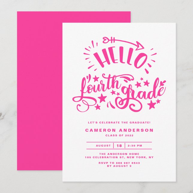 Hello Fourth Grade | Pink Third Grade Graduation Invitation (Front/Back)