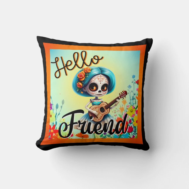 Hello Friend Sugar Skull  Throw Pillow (Front)