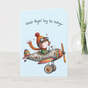 Hello Friendship Whimsical Kid Flying Plane Card