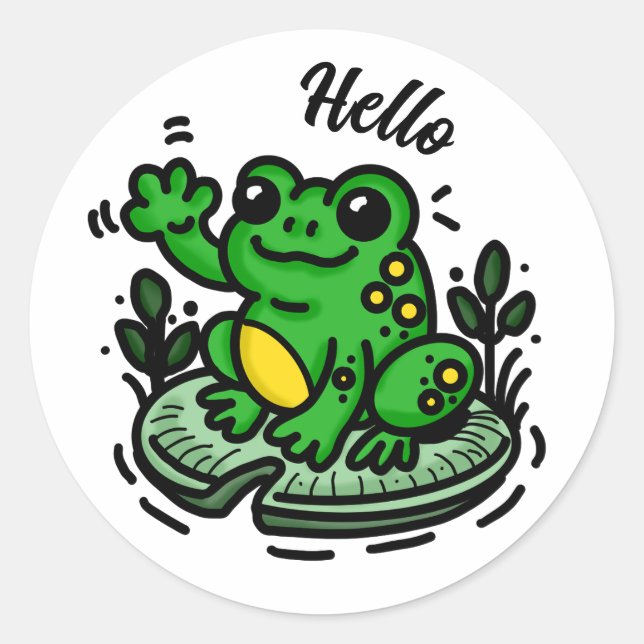 Hello | Frog on Lily Pad Hand Drawn Classic Round Sticker (Front)
