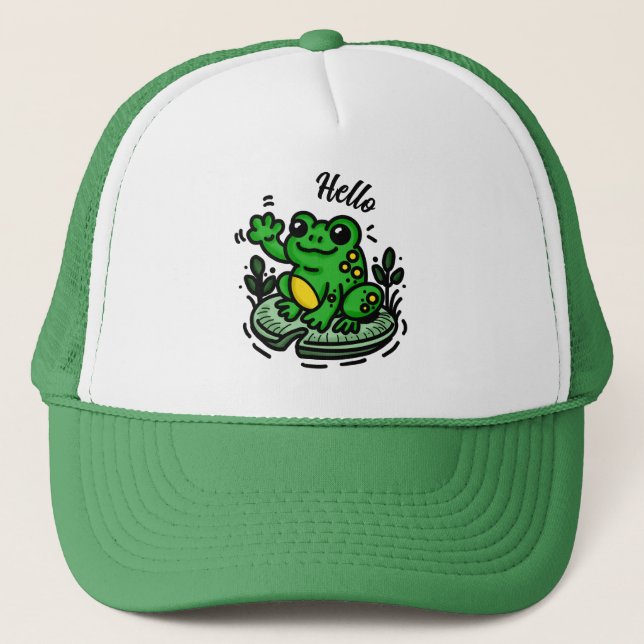 Hello | Frog on Lily Pad Hand Drawn Trucker Hat (Front)