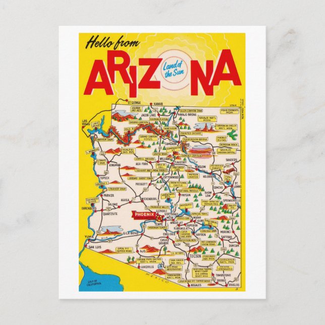 Hello from Arizona Vintage Map Postcard (Front)