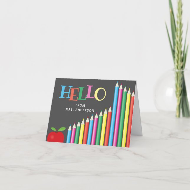 Hello From Teacher Colored Pencils Chalkboard Note Card (Front)