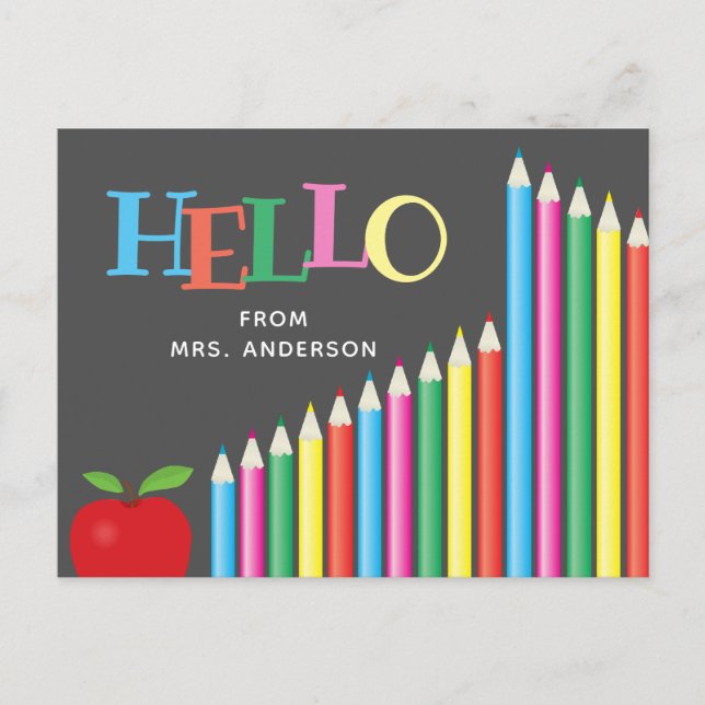Hello From Teacher Coloured Pencils Chalkboard Postcard (Front)