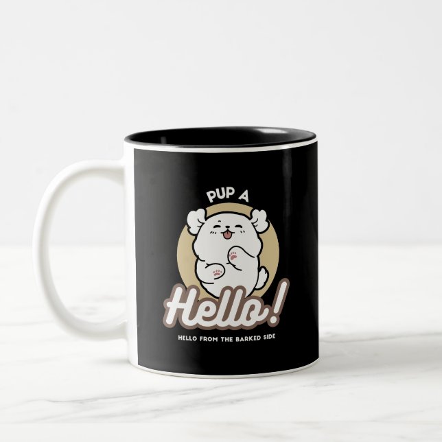 Hello from the Barked Side – Cute Dog Design Two-Tone Coffee Mug (Left)