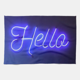 Hello Fun Neon Blue Sign Bright and Cheerful Kitchen Towel