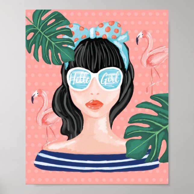 Hello Girl | Beach Beauty Retro Tropical Flamingo Poster (Front)