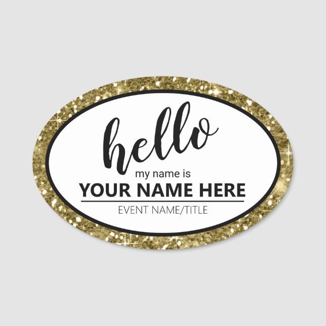 Hello Glitter Border Gold ID633 Name Tag (Front)