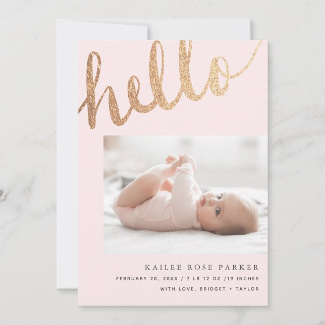 Hello Gold and Pink Script Photo Birth Announcement (Front)