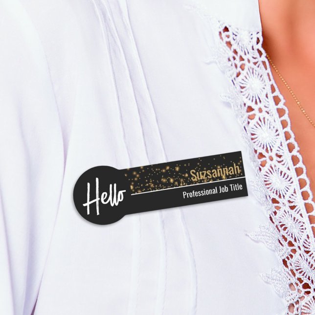 Hello Gold Bokeh Black & Gold Professional Name Tag (professional name tag)