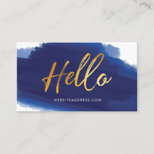Hello Gold Script   Navy Watercolor Brush Stroke Business Card