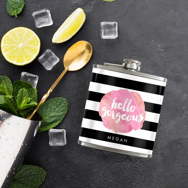 Hello Gorgeous Black Stripe & Pink Watercolor Hip Flask (Creator Uploaded)