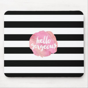Hello Gorgeous   Black Stripe & Pink Watercolor Mouse Pad